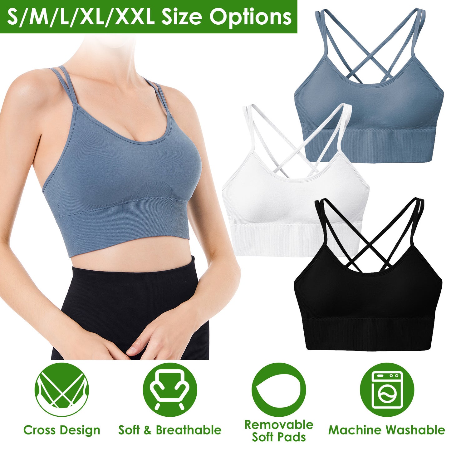 Cross Back Comfort: 3-Pack Padded Sport Bras with Cross Straps