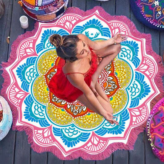 Tassel Bliss: Polygon Print Round Yoga Mat - Elevate Your Meditation in Various Colors.