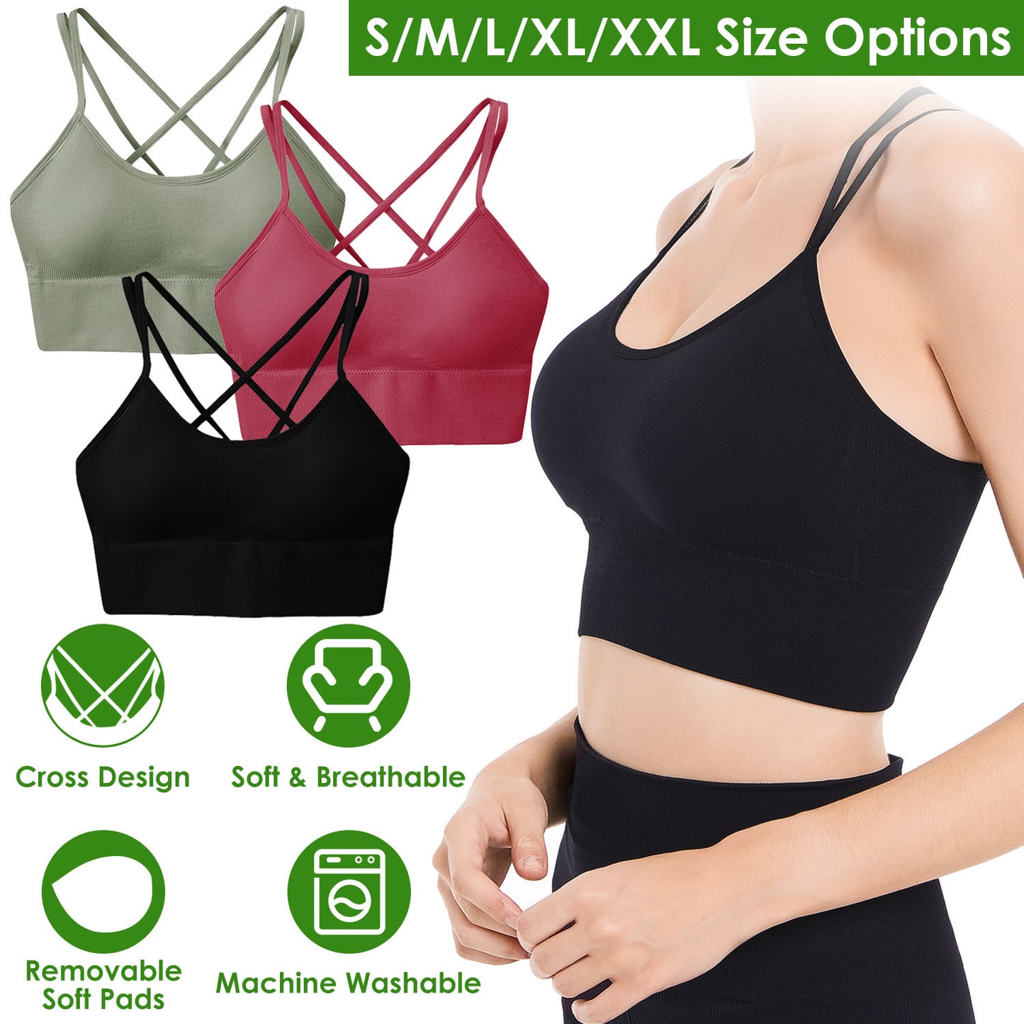 Cross Back Comfort: 3-Pack Padded Sport Bras with Cross Straps