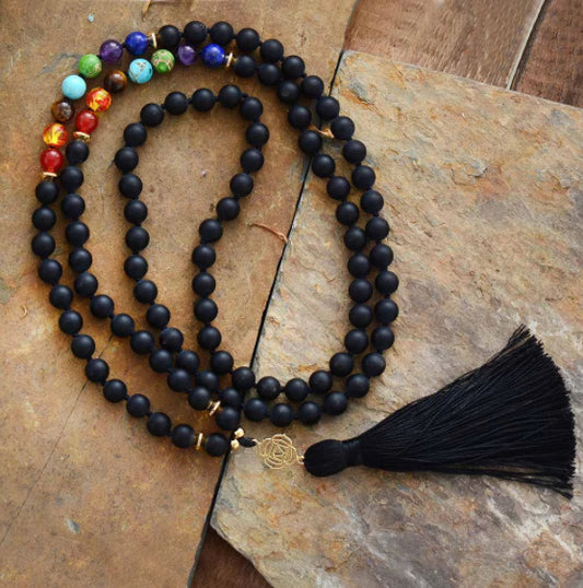 7 Colors 108 PCs Frosted Agate Reiki Charm Tassel Necklace Knotted Meditation