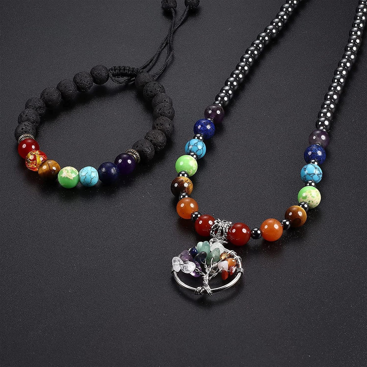 7 Chakra Necklace & Bracelet Set: Healing Energy for Yoga and Meditation