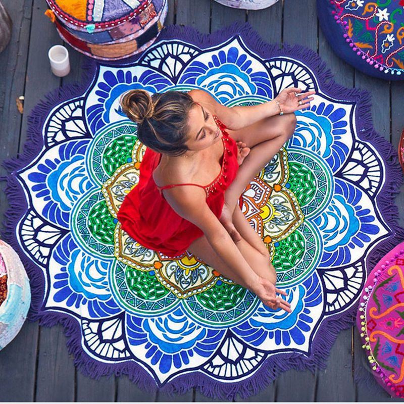 Tassel Bliss: Polygon Print Round Yoga Mat - Elevate Your Meditation in Various Colors.