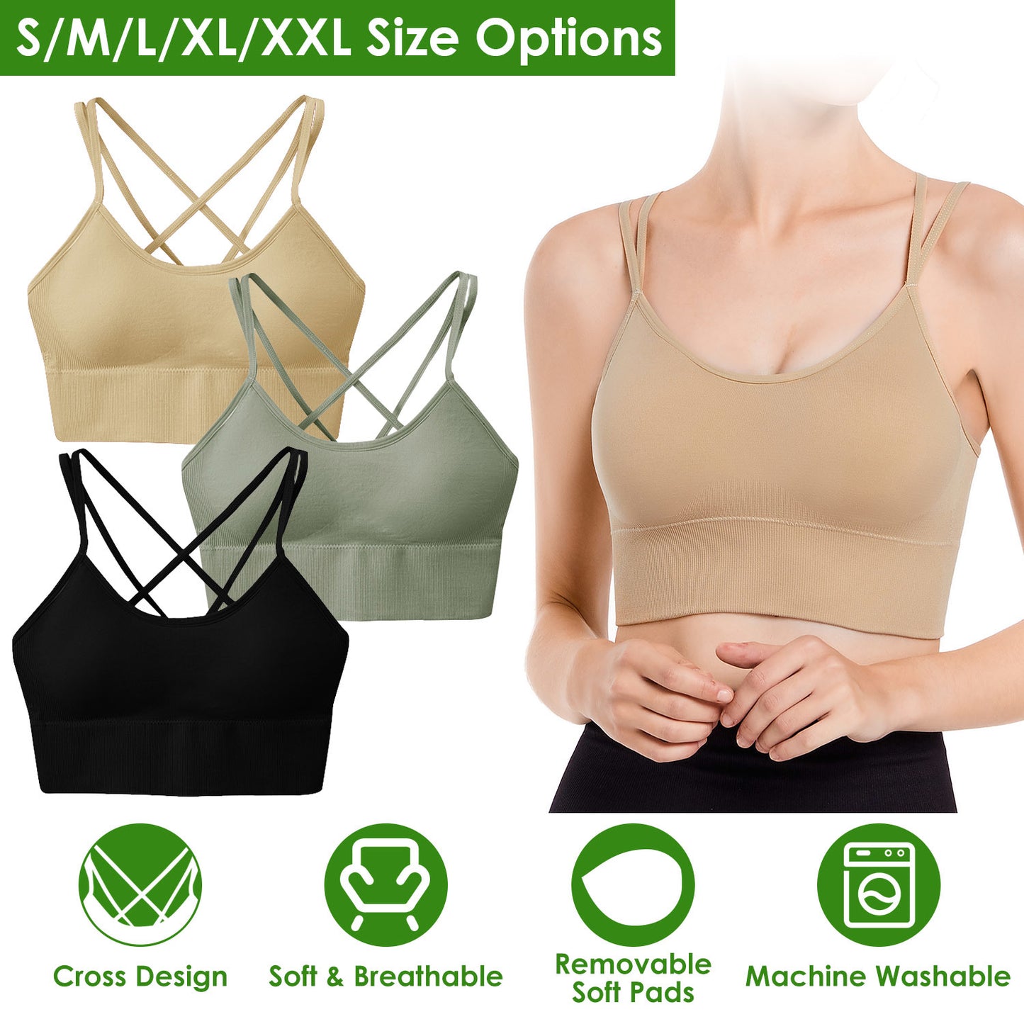 Cross Back Comfort: 3-Pack Padded Sport Bras with Cross Straps