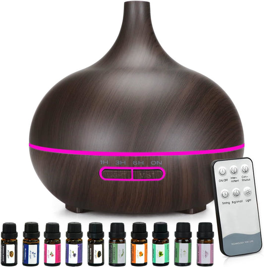 Illuminate and Relax: 400ml Wood Grain Oil Diffuser Gift Set with 14 LED Colors - Perfect for Home and Office Aromatherapy.