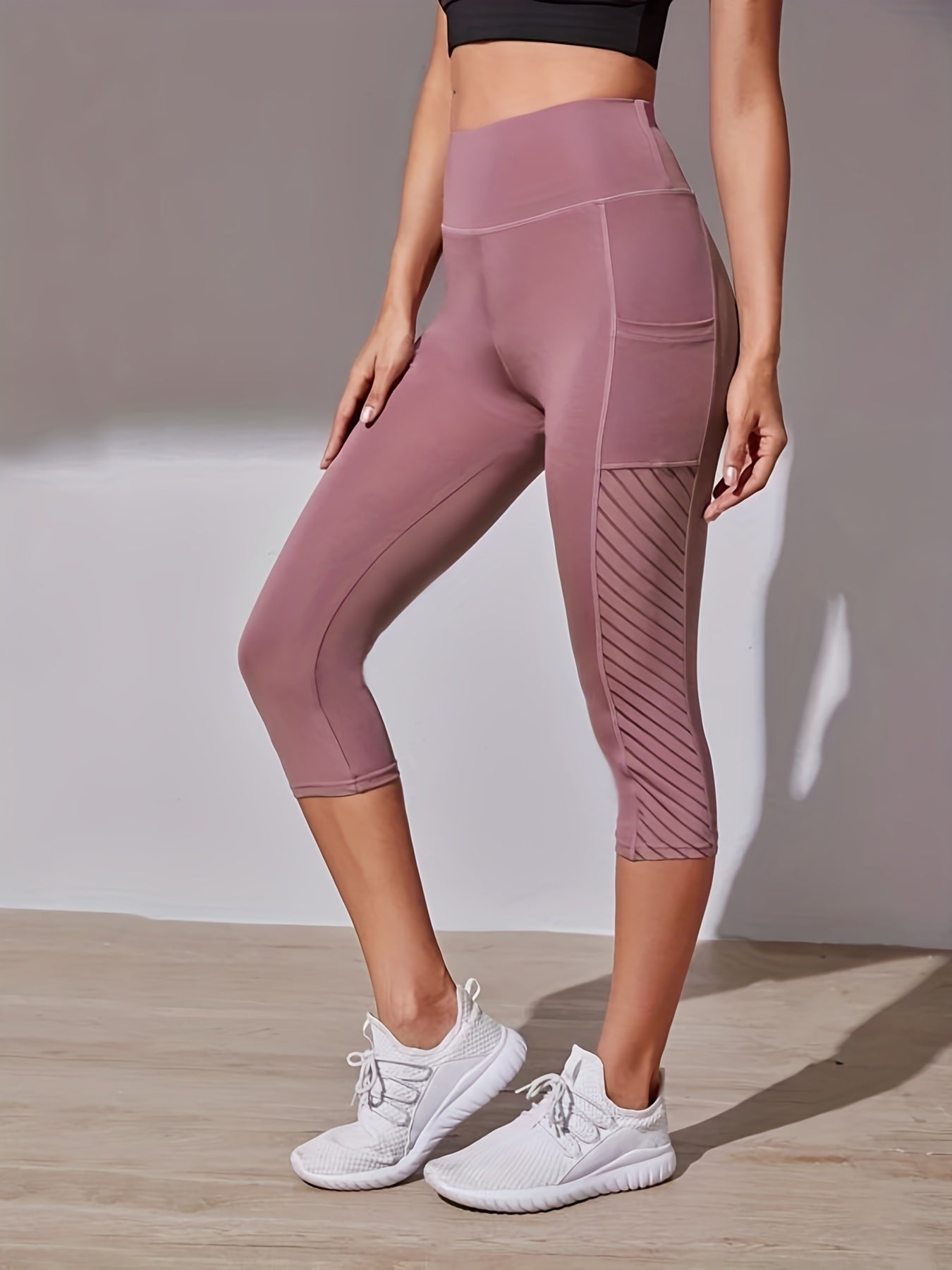 Trendy Tummy Control Capris: High Waist, No Pockets, Mesh Design for Active Women.