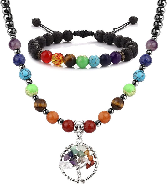 7 Chakra Necklace & Bracelet Set: Healing Energy for Yoga and Meditation